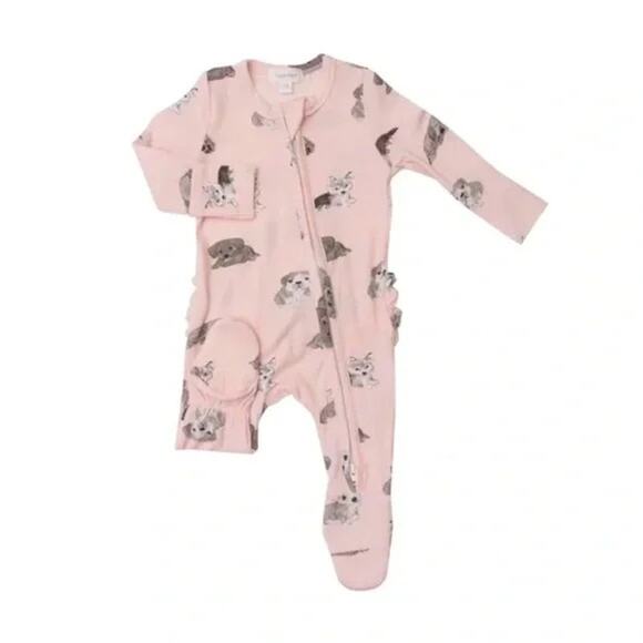 Tullabee Pink + Grey Dog Print Bamboo Ruffle Butt Zippered Sleeper 6 to 9 Months - Picture 1 of 8